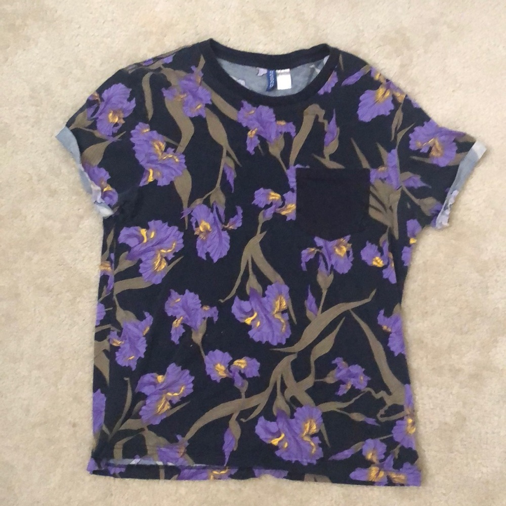 Black and Purple Flower tee shirt with left breast pocket